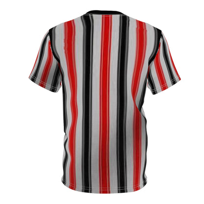 Red & Black Vertical Stripe Tee — Retro Bold All-Over Print T-Shirt