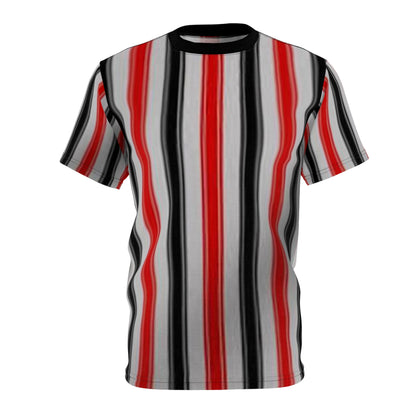 Red & Black Vertical Stripe Tee — Retro Bold All-Over Print T-Shirt