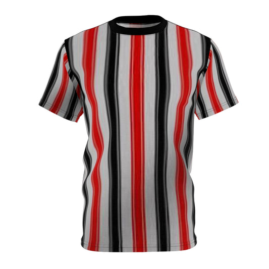 Red & Black Vertical Stripe Tee — Retro Bold All-Over Print T-Shirt