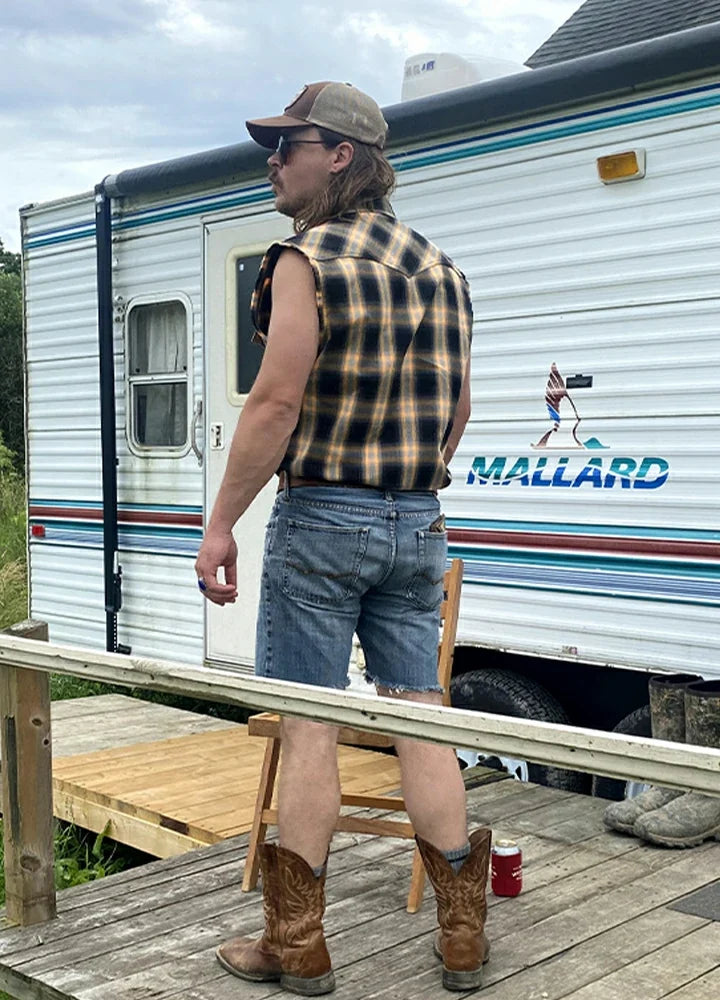 Men's Western Outdoor Plaid Sleeveless Top, Pearl Snap