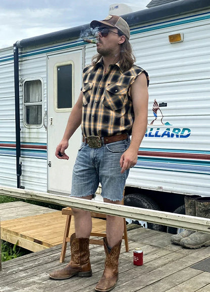 Men's Western Outdoor Plaid Sleeveless Top, Pearl Snap